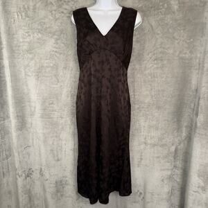 90s BCBG Brown Floral Jacquard Midi Babydoll Dress SZ 12 Satin Romantic